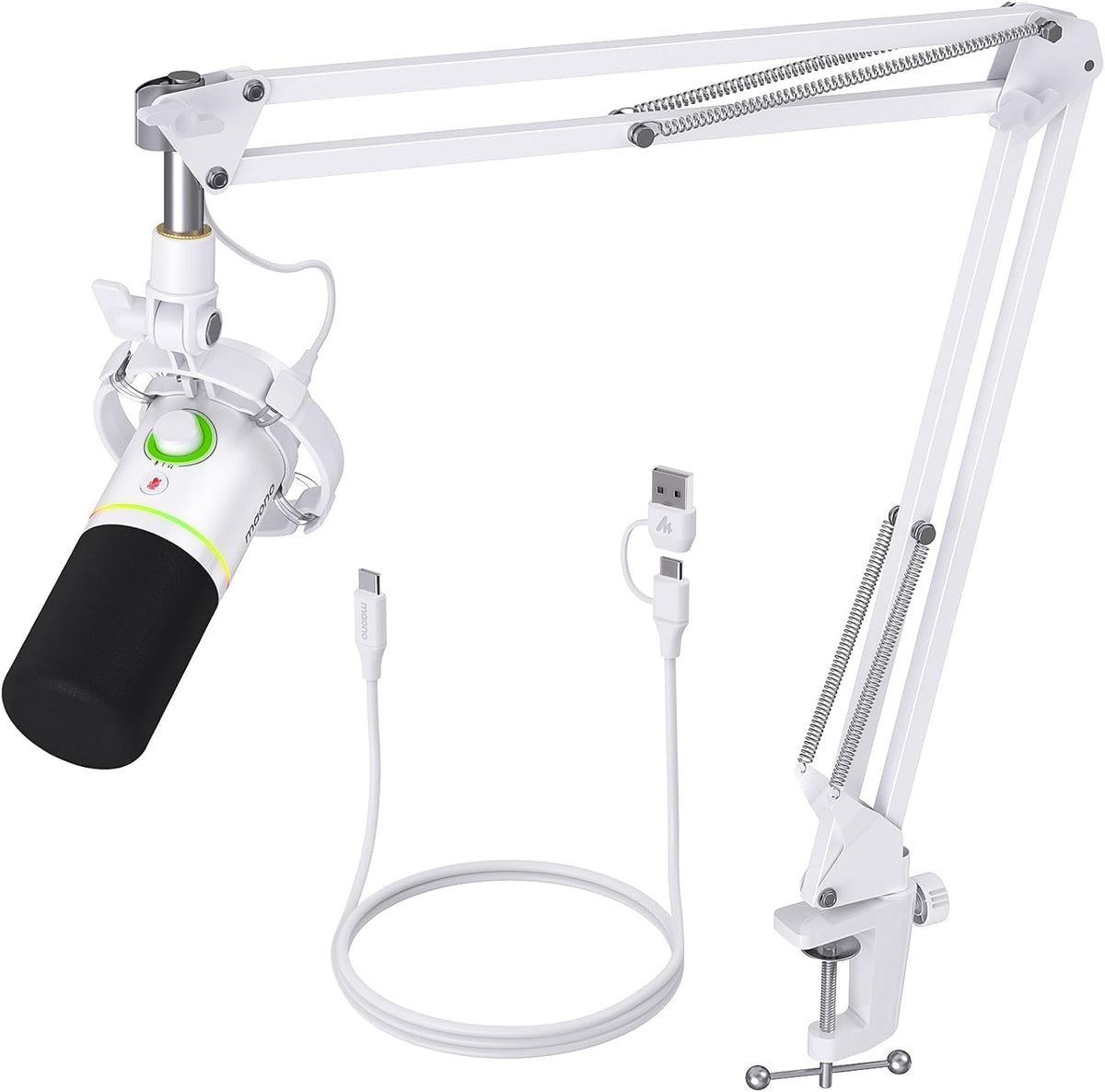 MAONO XLR/USB Dynamic Microphone Kit, RGB Podcast Mic with Software, Mute, Gain Knob, Volume Control, Boom Arm for Streaming, Gaming, Voice-Over, Recording-PD200XS White