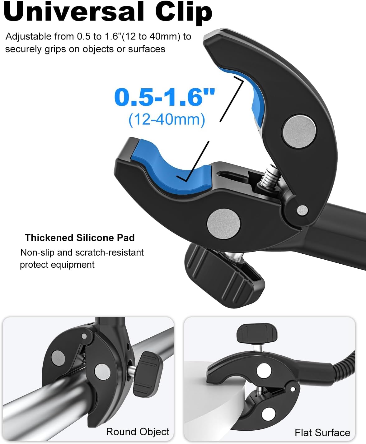 Gooseneck Clamp Camera Mount with 1/4“ 3/8" 5/8" Screw, Go Pro Mounts for Handlebar, Desk, Tube, Cross Bar, Compatible with GoPro Hero 13/Baby Monitor/Logitech Webcam/Insta 360/Field Monitor