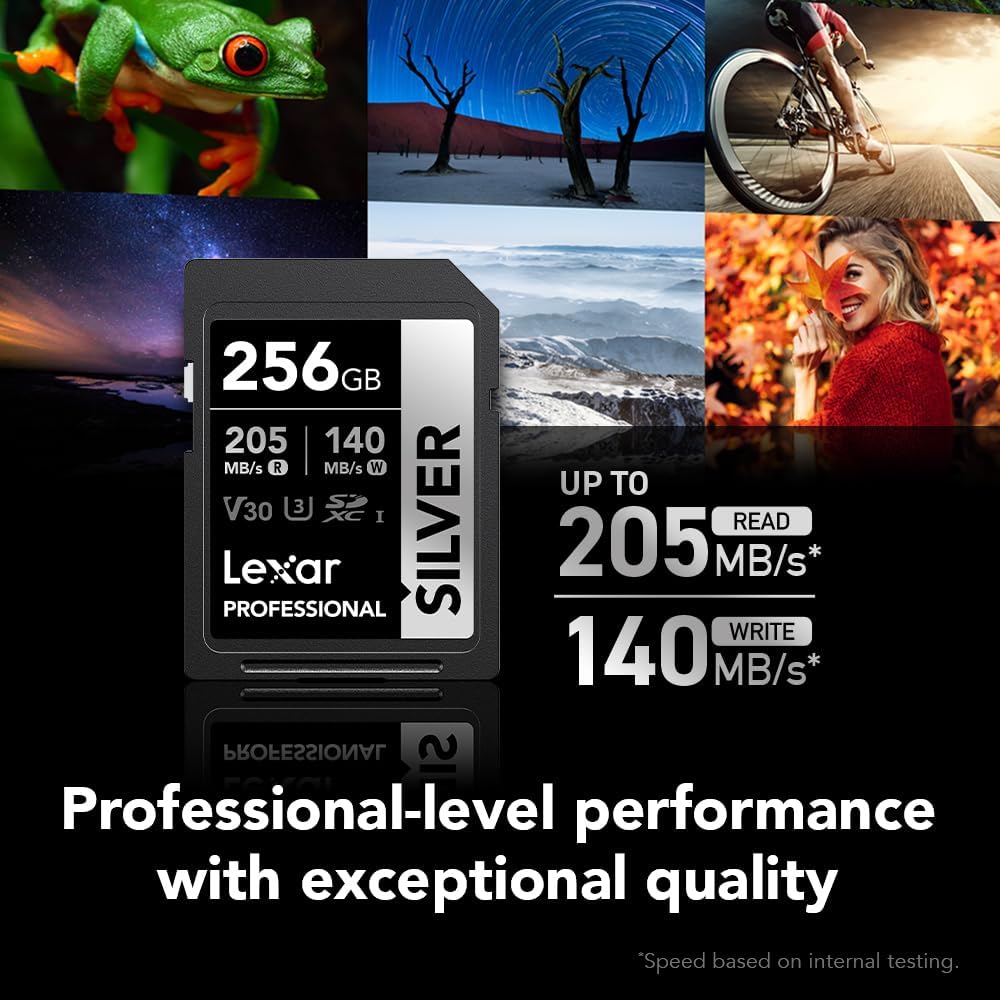Lexar 256GB Professional Silver SD Card, UHS-I, C10, U3, V30, 4K, Up to 205/140 MB/s SDXC Memory Card, for Professional Photographer, Videographer, Enthusiast (LSDSILV256G-BNNNU)