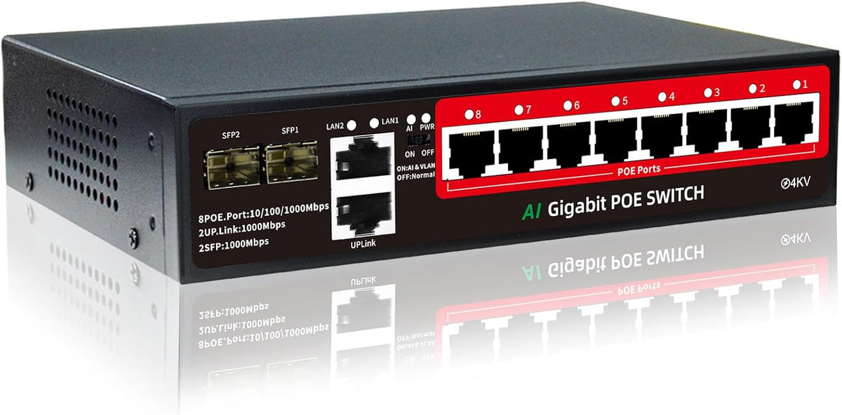 STEAMEMO 8-Port Gigabit PoE Switch | 2×Gigabit Uplinks + 2×1.25G SFP, AI VLAN Mode, 802.3af/at@120W, Unmanaged Metal Plug & Play (Desktop/Wall Mount)