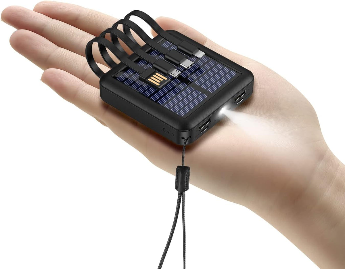 Solar Power Bank 12000mAh,Small Solar Charger Built in 4 Cables,USB C Input/Output,Dual Flashlight External Battery Portable Charger Power Bank for iPhone,Tablet,Samsung