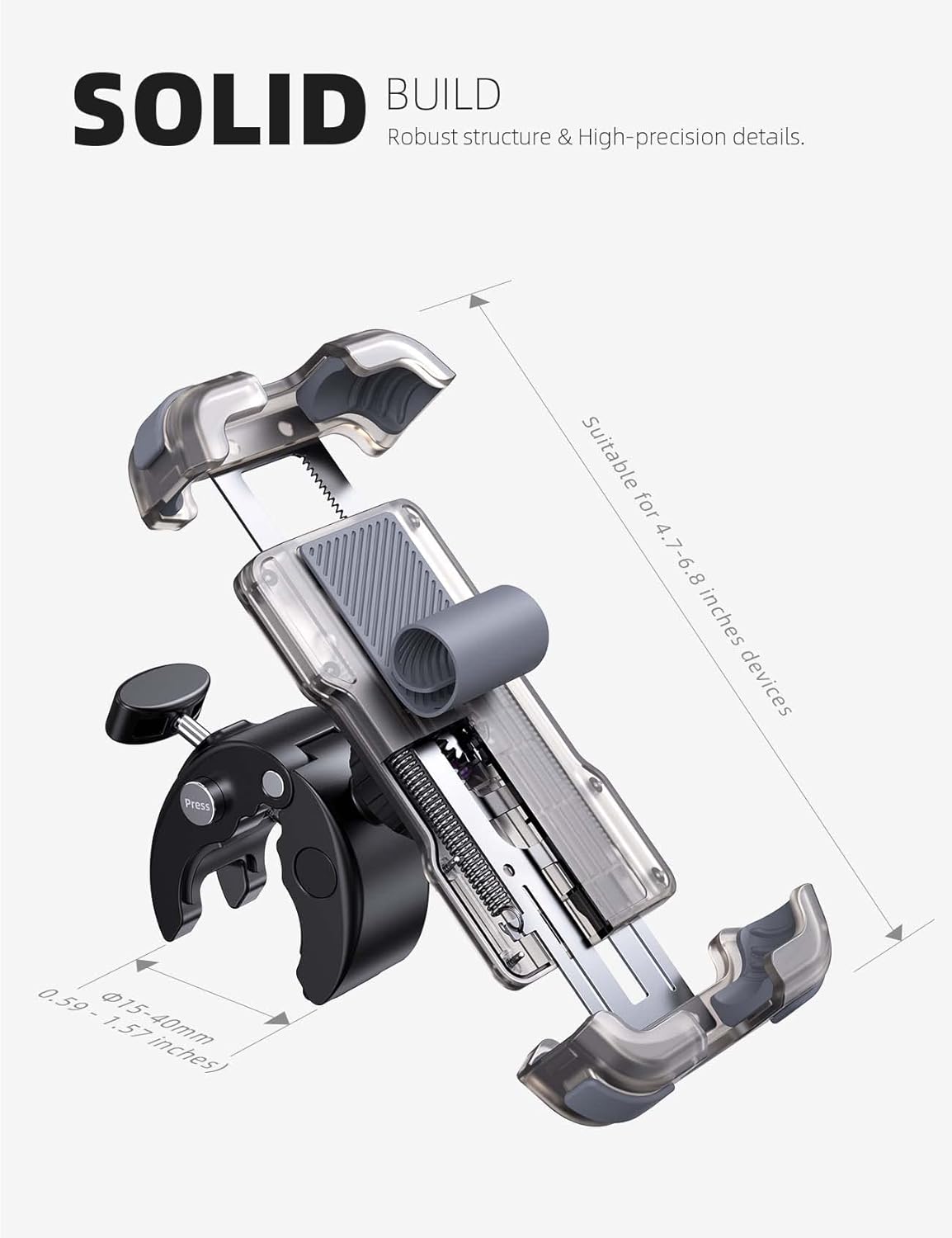 Lamicall Motorcycle Phone Mount, Bike Phone Holder - Upgrade Quick Install Handlebar Clip for Bicycle Scooter, Cell Phone Clamp for iPhone 15 14 13, Galaxy and More 4.7-6.8" Phone, Transparent Gray