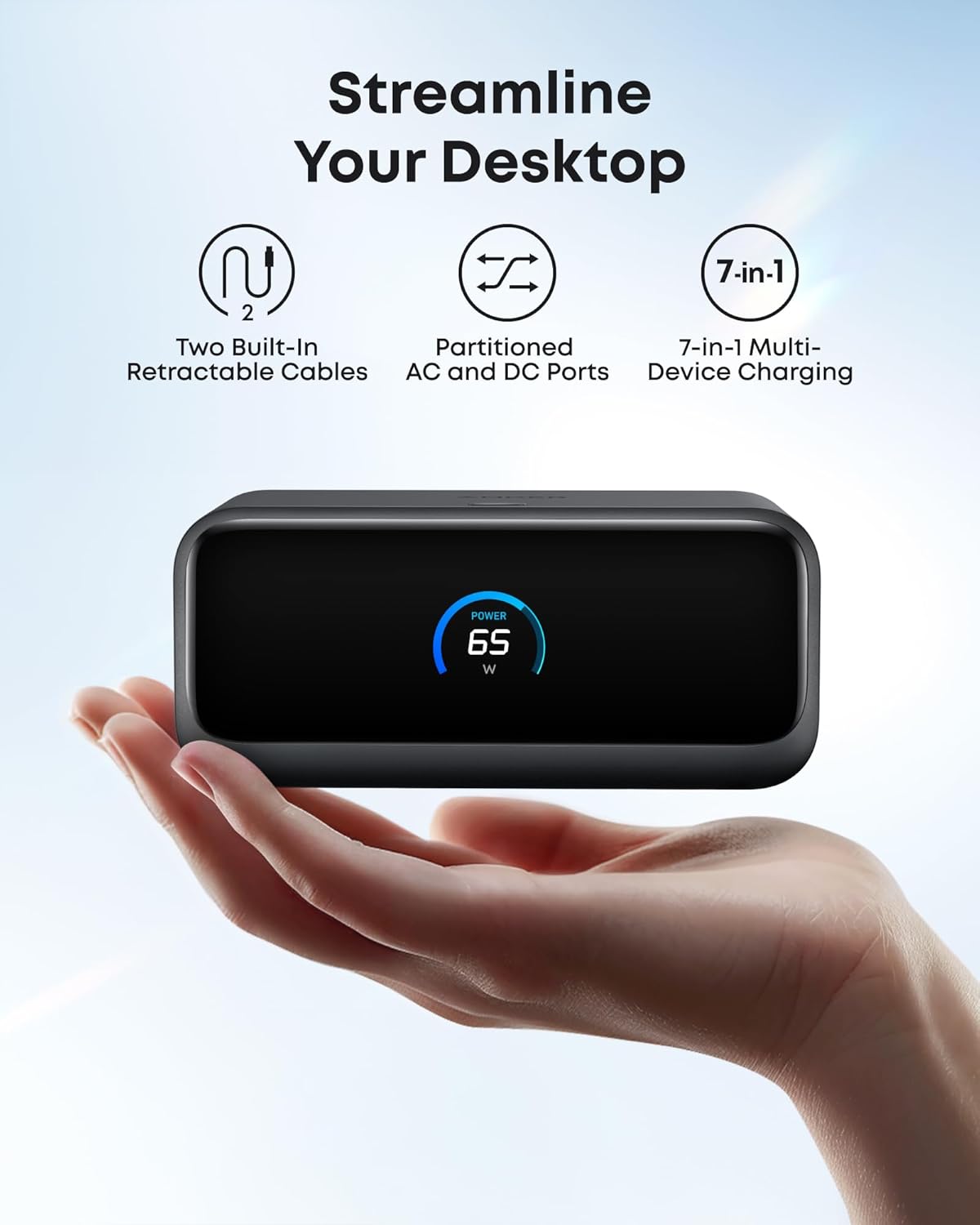 Anker Nano Charging Station, 7-in-1 USB-C Power Strip for iPhone 16, 2.3 ft Anker InstaCord Retractable Cable, 3 USB-C, 1 USB-A, 3 AC, 100W Desktop Fast Charging for MacBook, Home, Office(Non-Battery)