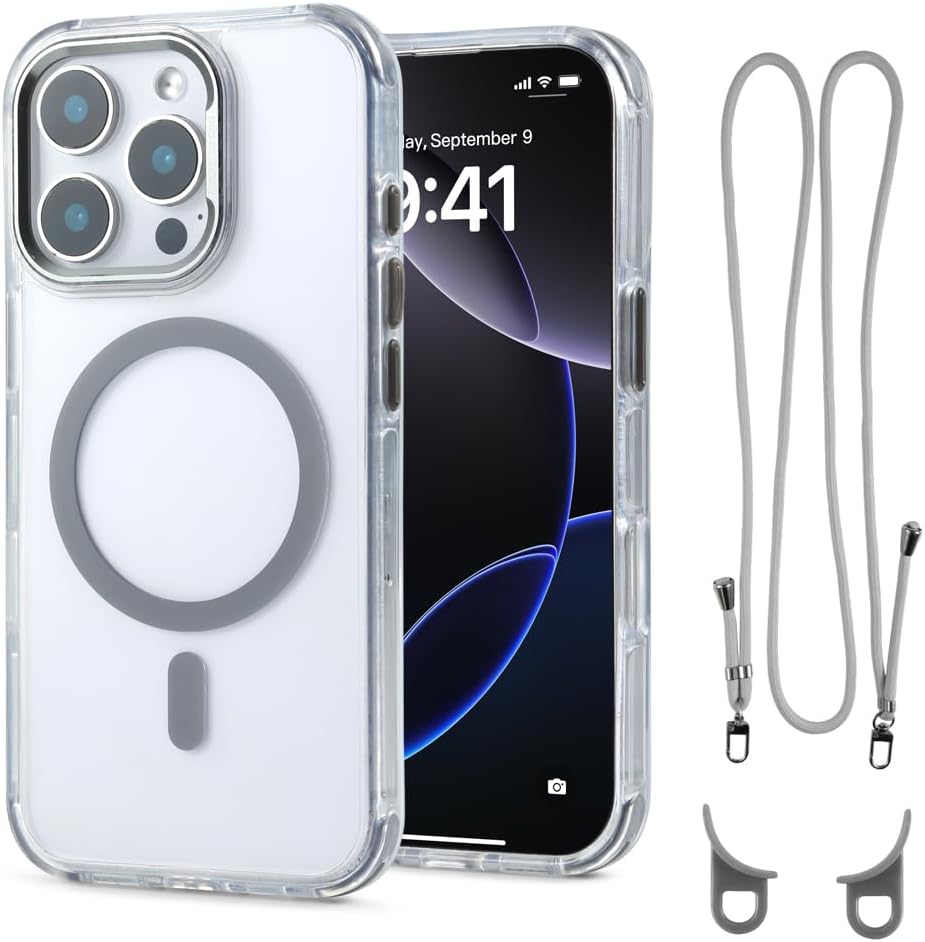 for iPhone 16 Pro Case with 62.99 inch Lanyard, Classic Clear&Gray Magnetic Phone Case, Drop&Shockproof Protection Cases, Phone Lanyard for Around The Neck, Compatible with Magnet Accessory
