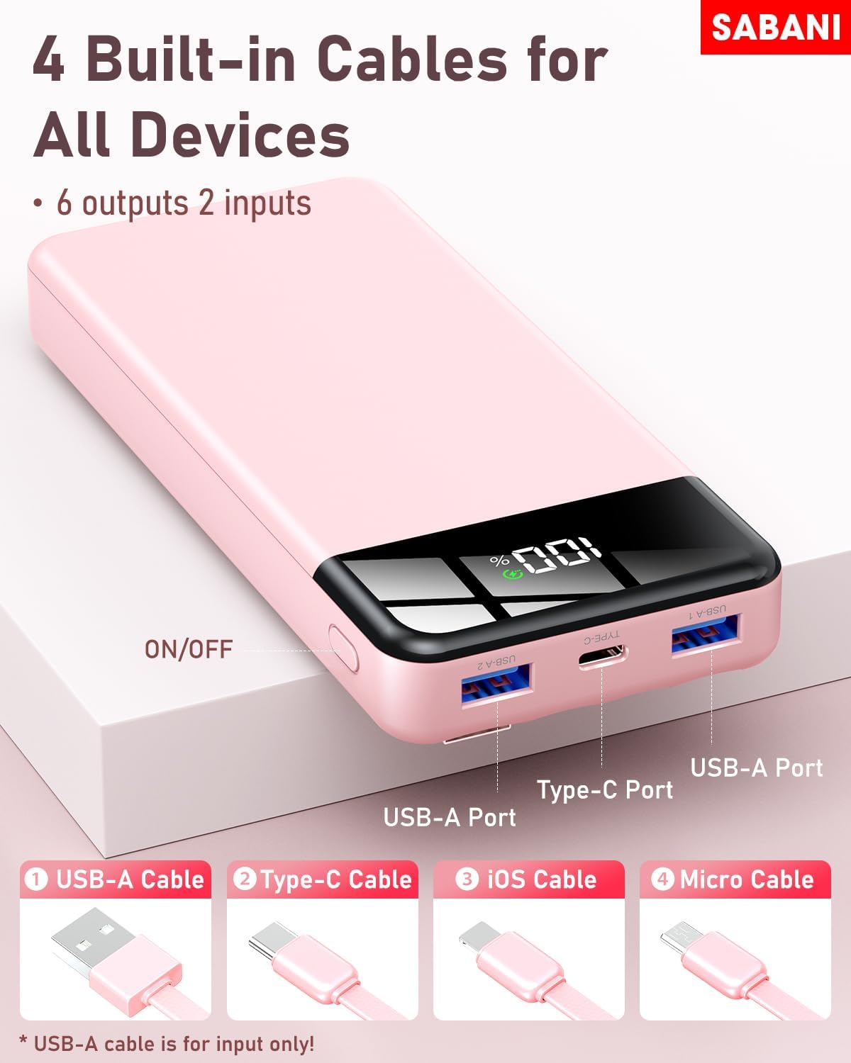 SABANI Portable Charger 35000mAh Power Bank - Portable Battery with 4 Built in Cables, 22.5W Fast Charging Battery Pack Compatible with iPhone 16 15 14 13 Samsung Android Phone etc (1 Pack, Pink)