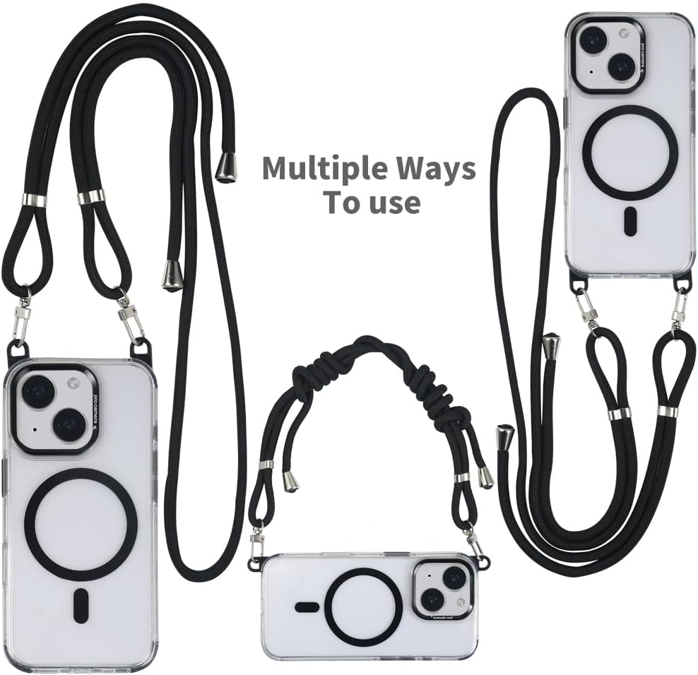 for iPhone 13/14 Case with 62.99 inch Lanyard, Classic Clear&Black Magnetic Phone Case, Drop&Shockproof Protection Cases, Phone Lanyard for Around The Neck, Compatible with Magnet Accessory