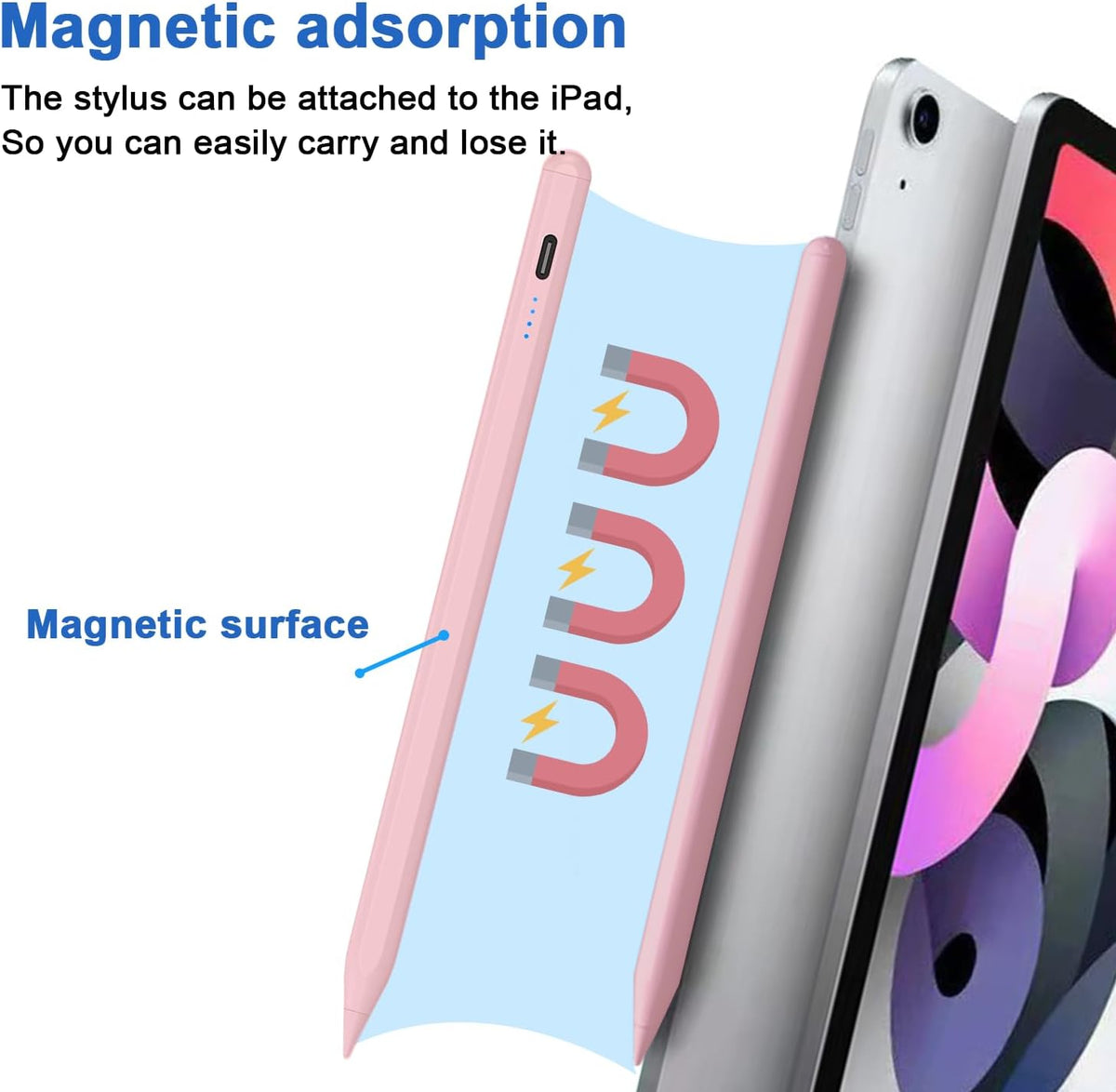 Stylus Pen for iPad 9th&10th - Type-c Charging Pencil for ipad Palm Rejection Active Pen Compatible with (2018-2025) Apple iPad 6/7/8/9/10/11(A16), Air 3/4/5/M2/M3, Mini 5/6, Pro 11"/12.9"/M4（Pink）
