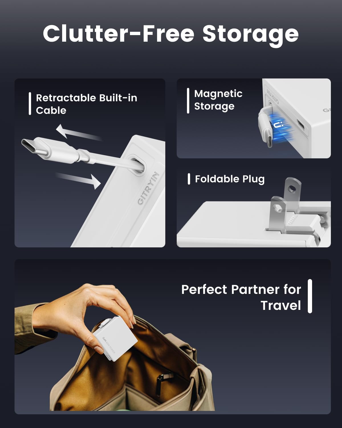 65W USB C Retractable Wall Charger with Built-in Type-C Cable, Portable Fast Charger Block with Foldable Plug, Compatible for Laptop, MacBook Pro/Air, iPhone 16/15, Galaxy S25, Pixel, iPad