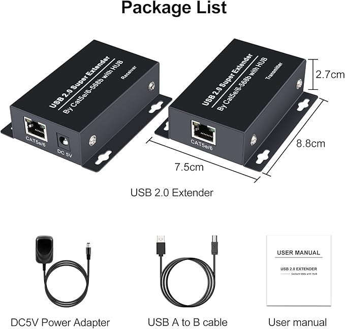 USB Extender Over Ethernet 200ft USB2.0 HUB RJ45 Cat5e 6 up to 480Mbps with Power Adapter 2 Cameras Work in Sync Support Windows MacOS Android Linux