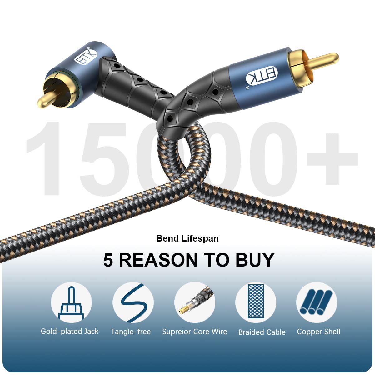 EMK RCA Subwoofer Cable 90 Degree RCA to RCA Audio Cable 24K Gold-Plated Nylon Braided Double Shielded Digital Analogue Supports Amplifiers,Home Theater,Hi-Fi Systems,Subwoofer(50ft/15m)