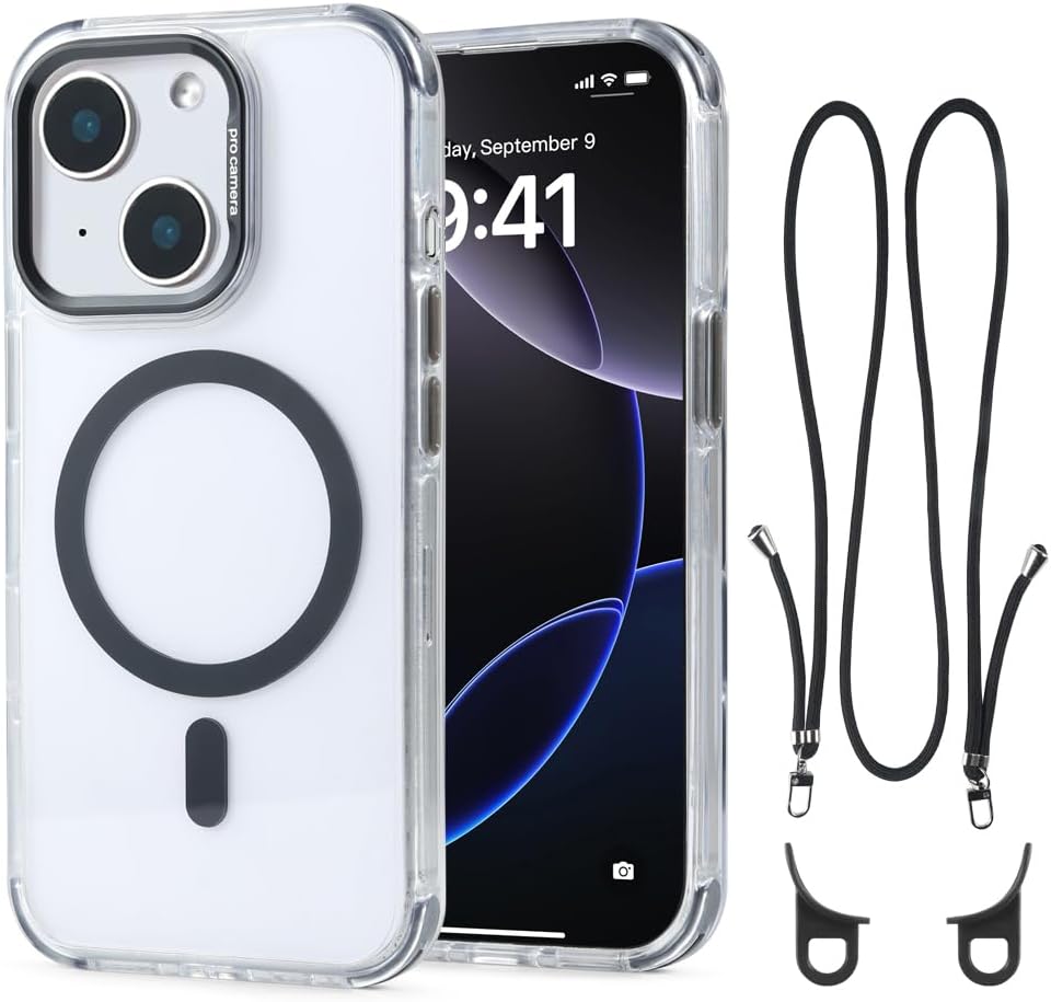 for iPhone 15 Case with 62.99 inch Lanyard, Classic Clear&Black Magnetic Phone Case, Drop&Shockproof Protection Cases, Phone Lanyard for Around The Neck, Compatible with Magnet Accessory