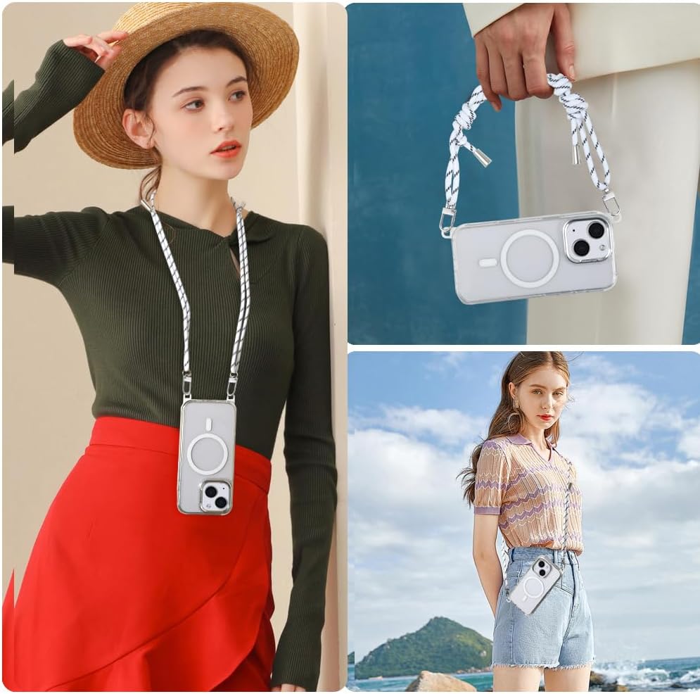 for iPhone 15 Case with 62.99 inch Lanyard, Classic Clear&White Magnetic Phone Case, Drop&Shockproof Protection Cases, Phone Lanyard for Around The Neck, Compatible with Magnet Accessory