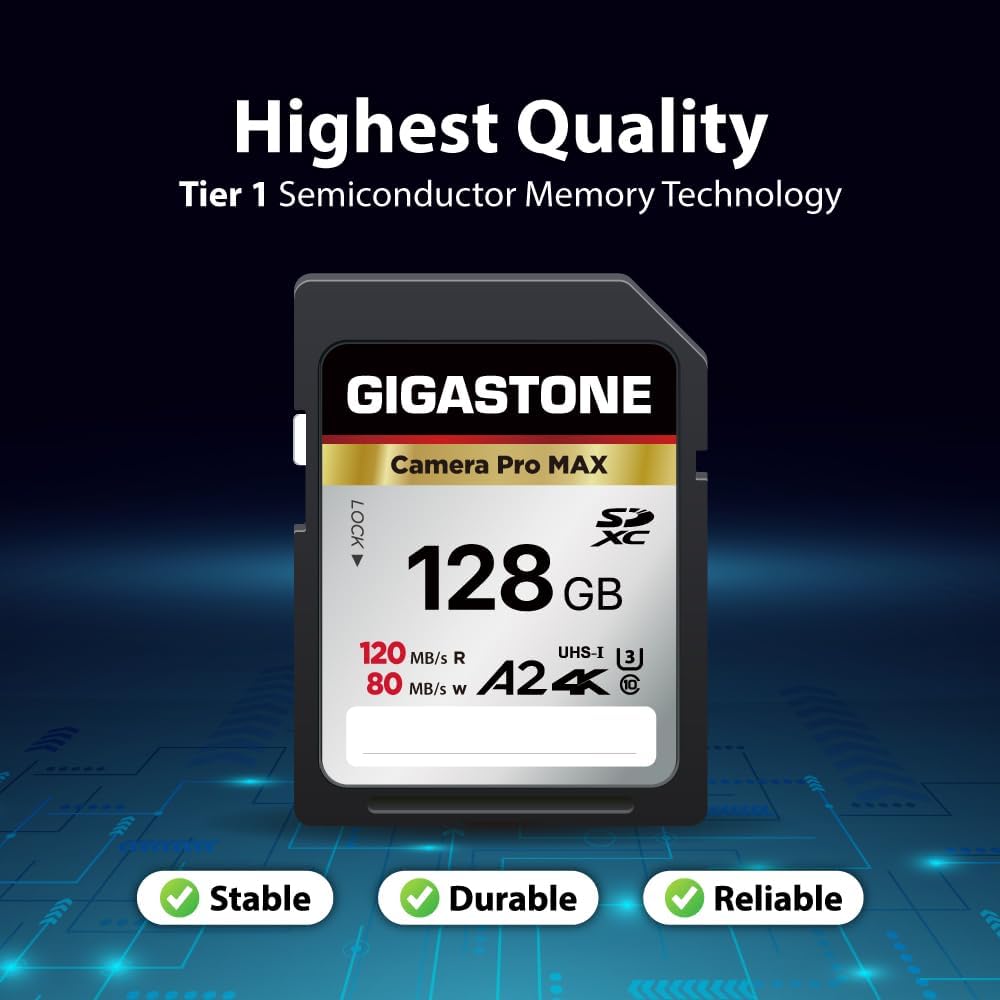 [5-Yrs Free Data Recovery] GIGASTONE 128GB SD Card 2-Pack, 4K Camera Pro MAX, A2 4K SDXC Memory Card High Speed 4K UHD Video Compatible with Canon Kodak Digital Camera, with 2 Mini case