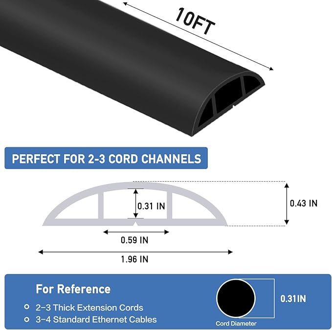 Floor Cord Cover Self Adhesive Cord Hider Floor Extension Cord Covers for Floor Power Cord Protector Cable Management Prevent Cable Trips Cable Cavity 0.59" W x 0.31" H (Black, 10Ft)