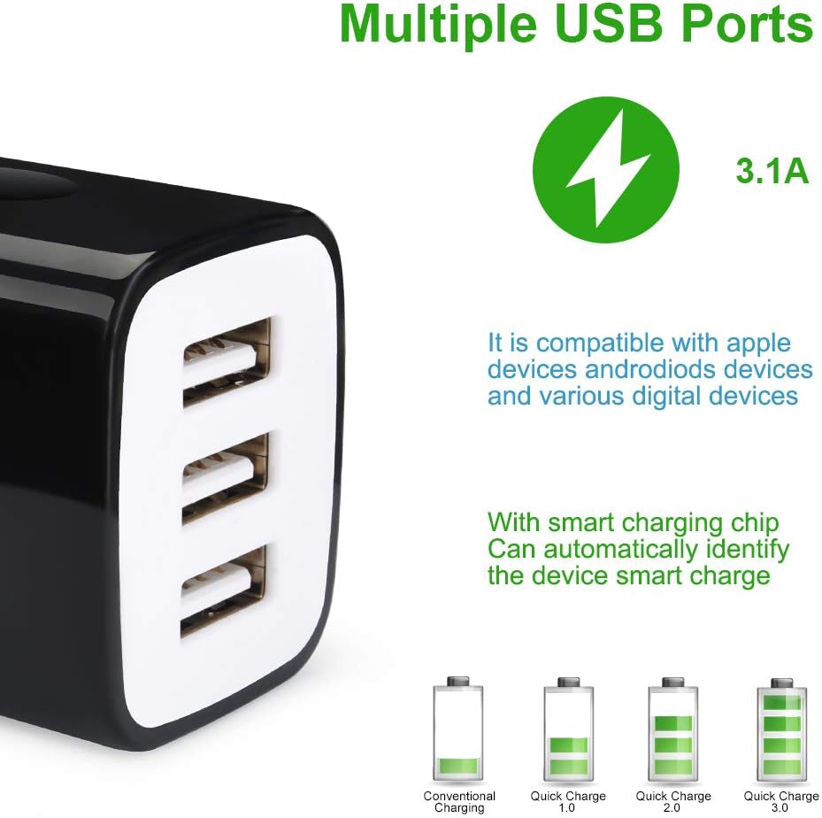 Wall Charger Adapter,USB Cubes,Sicodo 3Pack Universal Travel 3.1A 3 Muti Port Plug Charging Block Compatible with iPhone 16,15,14,13,12,SE 2020,11,X,Plus,Samsung GalaxyS24,S23,S22,S21,S20Ultra,Plus,LG