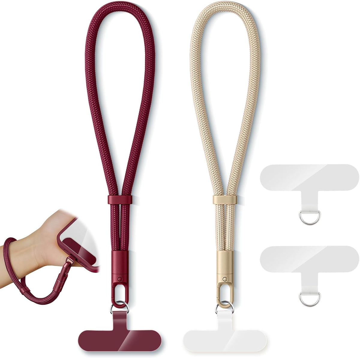 2 Pack Phone Lanyard,2×Phone Wrist Strap,4×Tether Tabs,Universal Cell Phone Multifuctional Patch Polyester Lanyards,Cell Phone Hand Strap for Women and Men(wine+light camel)