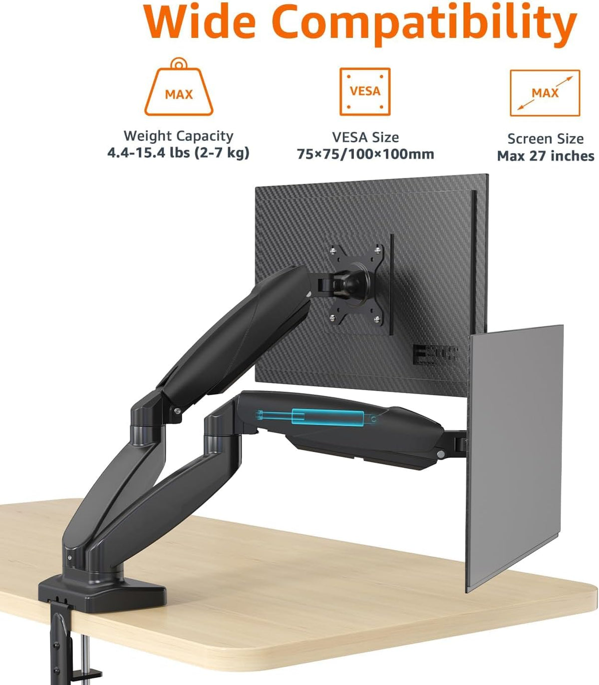 Amazon Basics Gas Spring Dual Computer Monitor Arm Mount, Adjustable, Holds up to 27" Monitors, Black