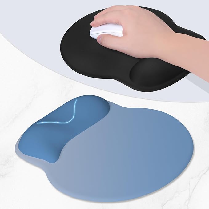 ITNRSIIET Ergonomic Mouse Pad with Wider Memory Foam Wrist Rest +17%, Curved Cushion Reduces Pressure 20%, Pain Relief, Non-Slip, Smooth, Cute Color Desk Accessory, 9.85 x 9 inch, Gradient Blue Ombre