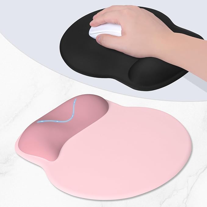 ITNRSIIET Ergonomic Mouse Pad with Wider Memory Foam Wrist Rest +17% - Curved Cushion Reduces Pressure 20%, Pain Relief, Non-Slip, Smooth, Cute Colors, 9.85 x 9 in, Pink Accent