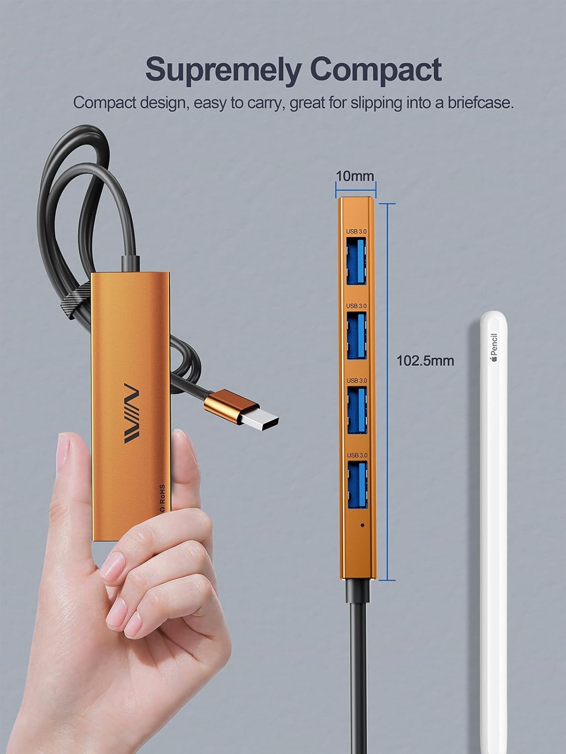 USB 3.0 Hub,4 Port USB Splitter Extender Portable Adapter Multiport Data Hub for Laptop,Xbox, Flash Drive,HDD,Console,Camera,Keyborad,Mouse Windows,Mac OS PC,Not Designed to Charge Devices-Orange