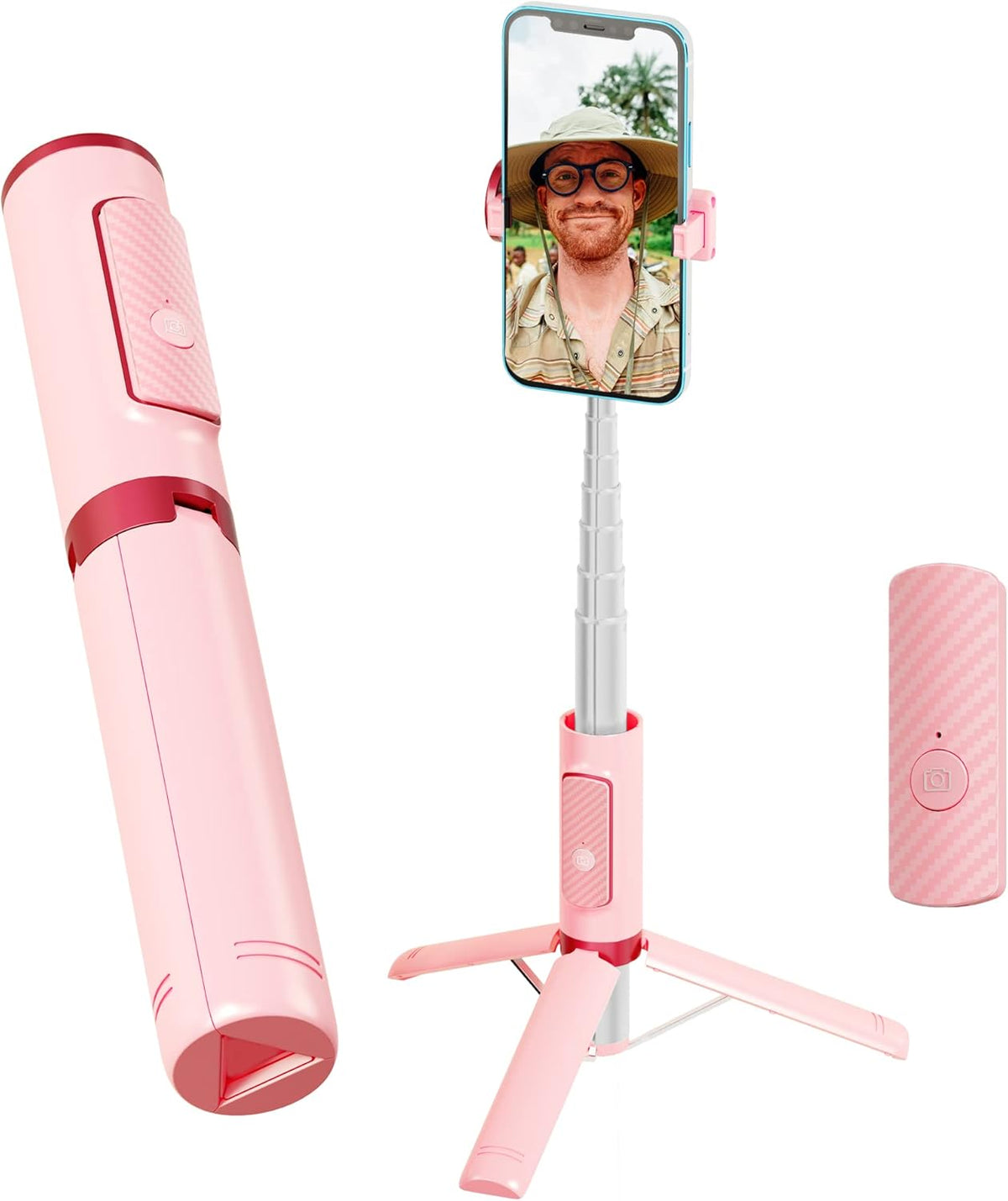 Selfie Stick, Foldable Cellphone Tripod with Remote, Travel Tripod for iPhone Series Android, Video Recording - Pink
