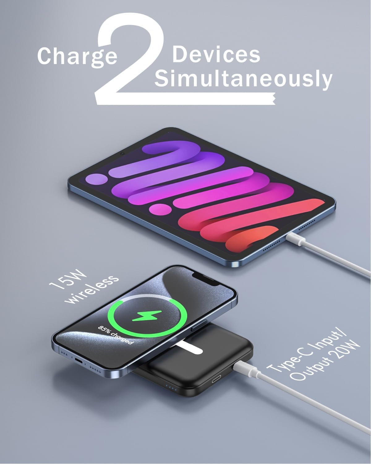 podoru for Magsafe Battery Pack, 5000mAh Magnetic Power Bank with Type-C Cable 20W PD Fast Charging Lighting Input Wireless Portable Charger for iPhone 16/15/14/13/12/ All Series-Black