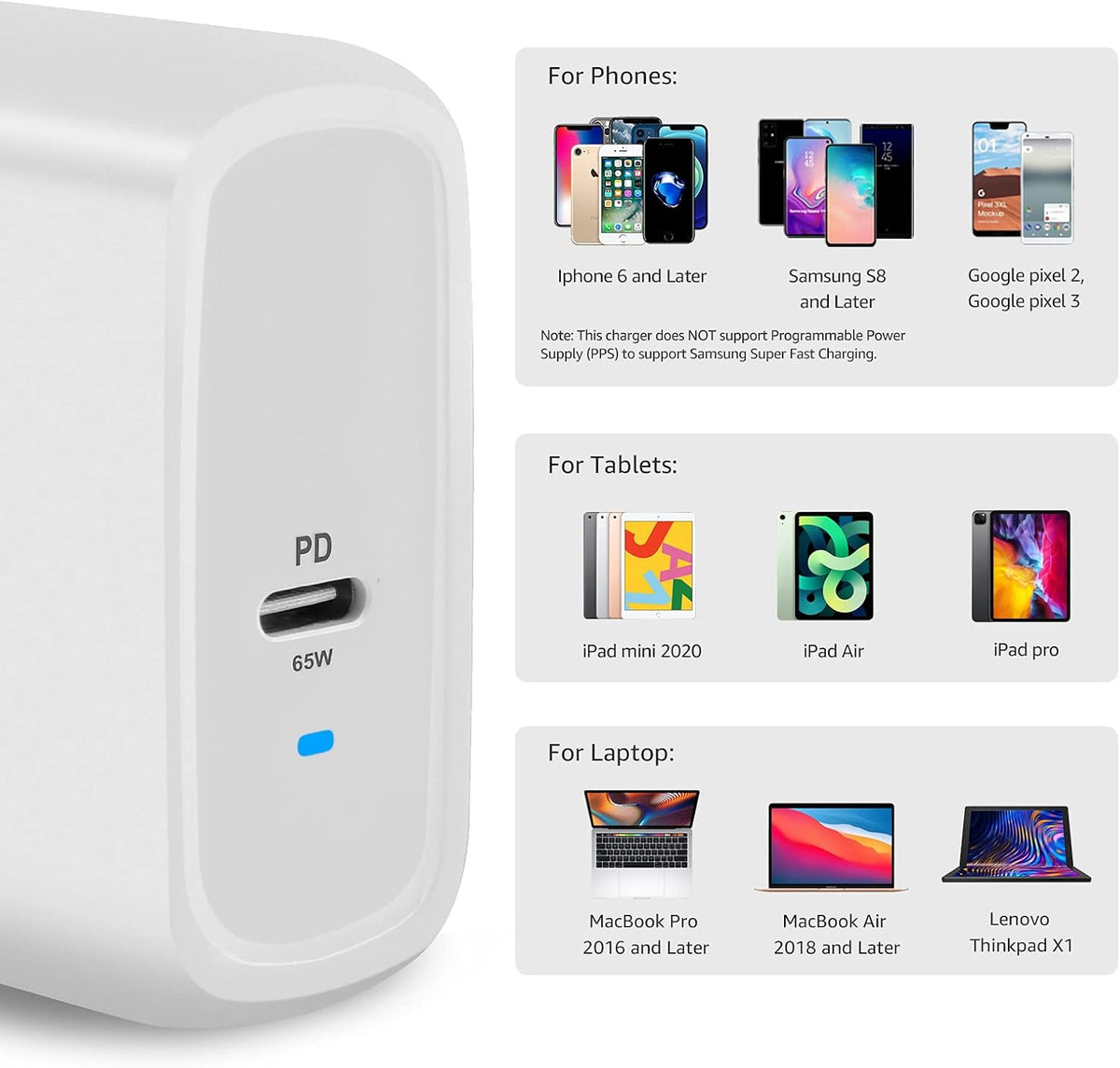 Amazon Basics 65W One-Port GaN USB-C Wall Charger with Power Delivery PD, Foldable Plug, for Laptops, Tablets & Phones, White