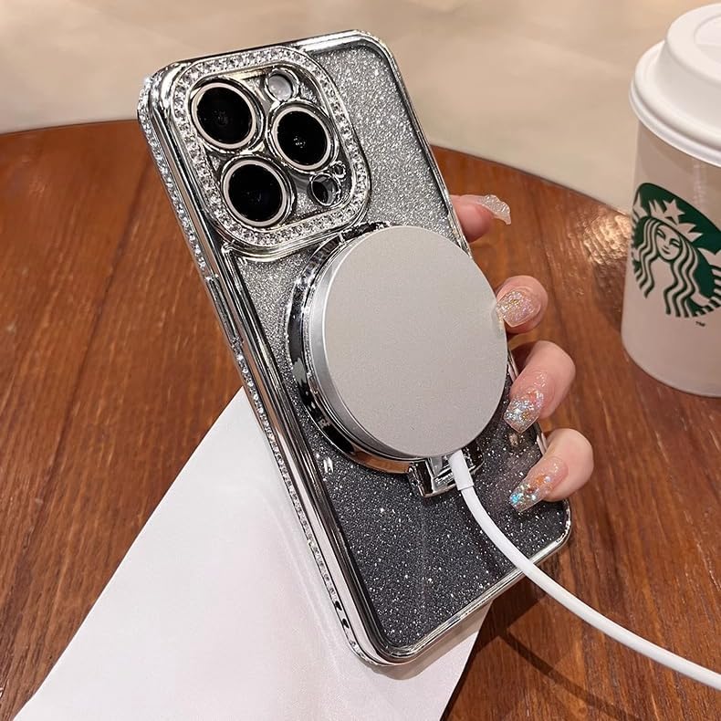 Magnetic Kickstand (Glitter Lens Protector ) Case for iPhone 15 14 13 12 Pro Max (Compatible with Magsafe ) Sparkling Diamond Cover Glitter Shiny Rhinestone Cases (Gold,for iPhone 15)
