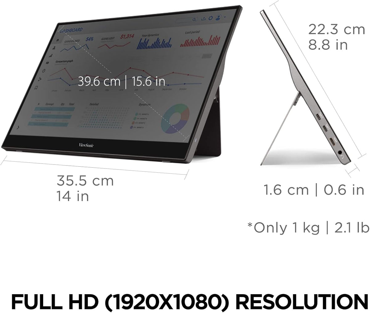 ViewSonic TD1655 15.6 Inch 1080p Portable Monitor with IPS Touchscreen, 2 Way Powered 60W USB C, Eye Care, Dual Speakers, Built-in Stand with Magnetic Cover