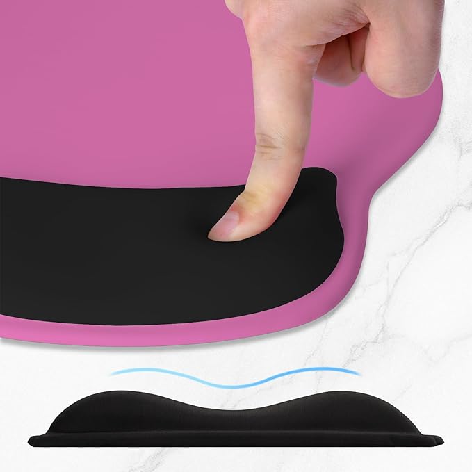 ITNRSIIET Ergonomic Mouse Pad with Wider Memory Foam Wrist Rest +17% - Curved Cushion Reduces Pressure 20%, Pain Relief, Non-Slip, Smooth, Cute Colors, 9.85 x 9 in, Black-Pink Contrast