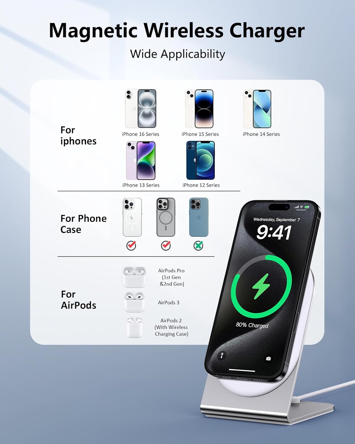 Magnetic Wireless Charger Stand Certified 15W Fast Mag-Safe Charger with Sleep-Friendly Indicator Light for iPhone 16/15/14/13/12 Series Convertible Magnet Wireless Charging Station/Pad for AirPods