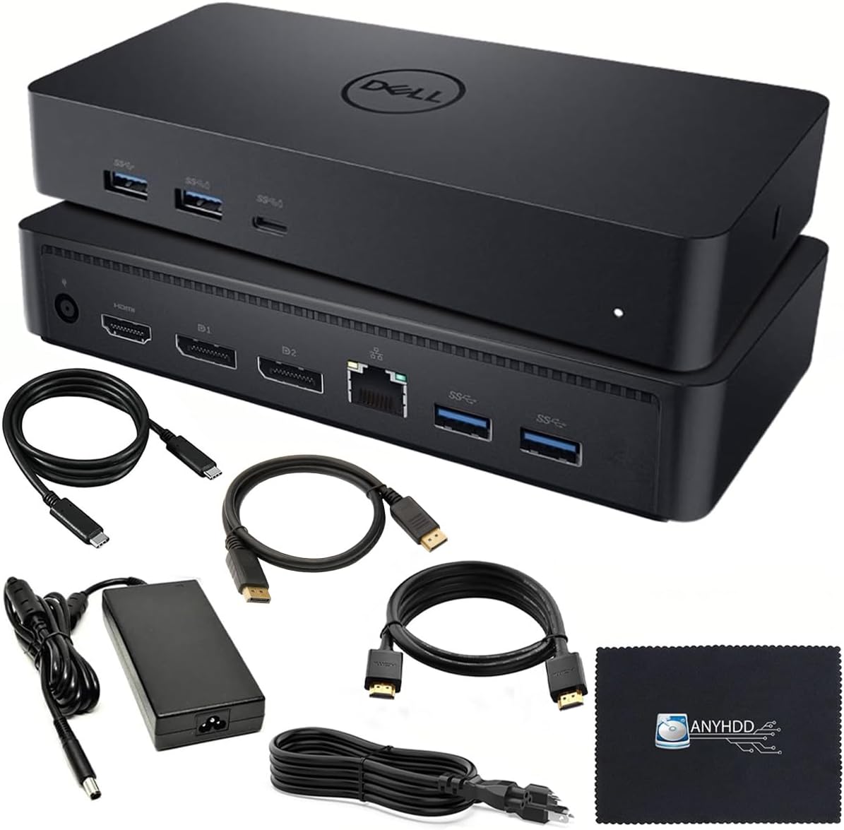 Dell D6000S Universal Dock Bundle with 130W Power Adapter – USB-C, Dual DisplayPort with 4K HDMI Cable + 4K DisplayPort Cable + USB-C Cable + Microfiber Cloth - Supports 4K Display (Renewed)