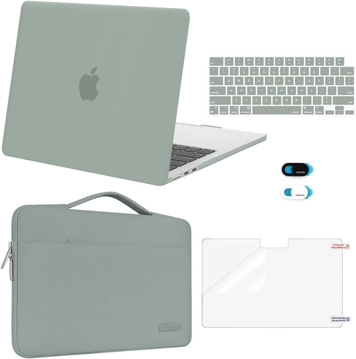 MOSISO Compatible with MacBook Air 13 inch Case 2025 2024 2023 2022 M4 A3240 M3 A3113 M2 A2681, Hard Shell&Sleeve Bag&Keyboard Skin&Webcam Cover&Screen Film for MacBook Air 13.6 inch, Antique Green