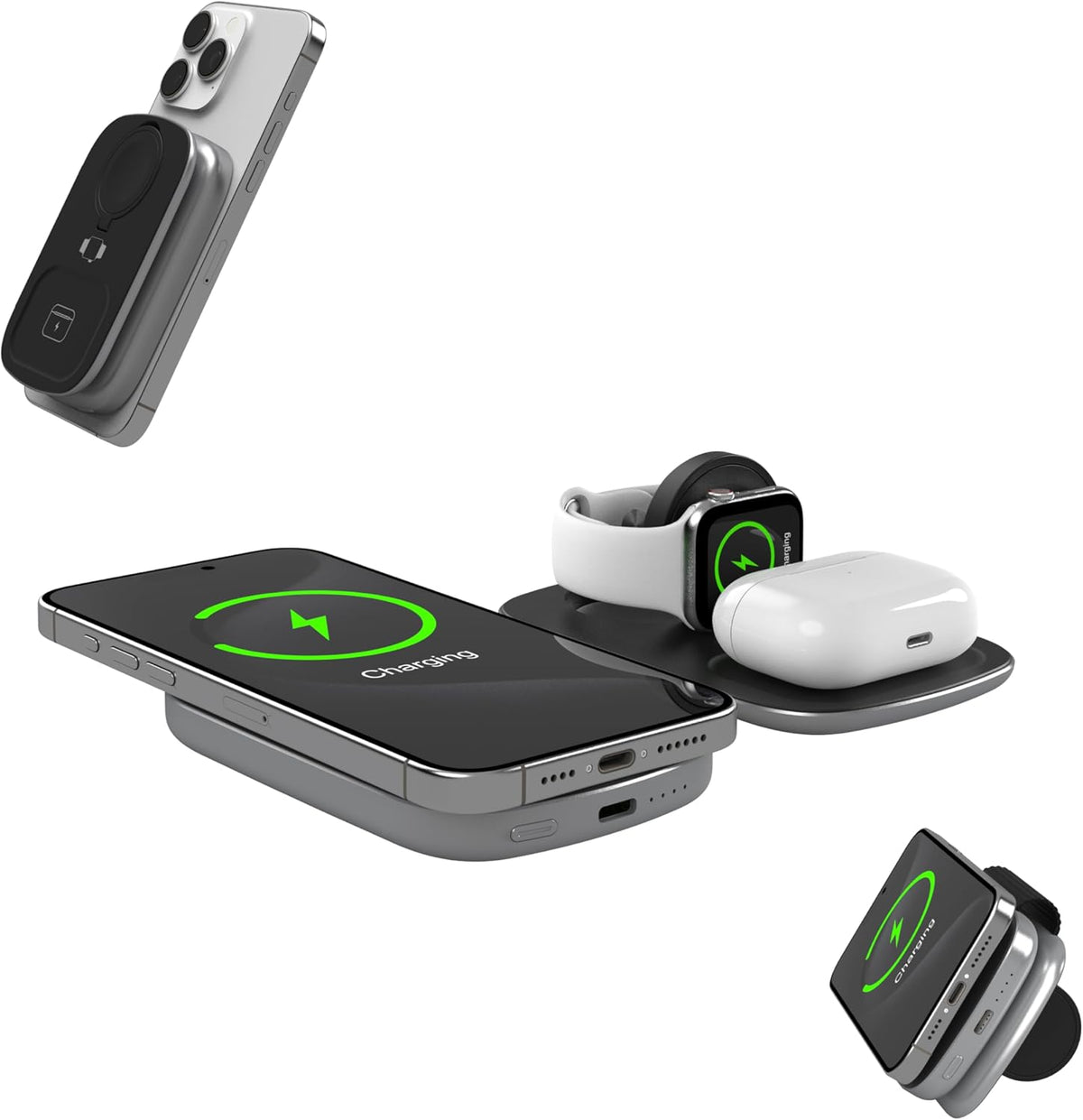 Teton 3 in 1 Wireless Charger with 5000mAh Power Bank,15W Qi2 Foldable Wireless Charging Station for Multiple Devices,Magsafe Travel Charger Stand for iPhone 16/15/14/13 Apple Watch & Airpods