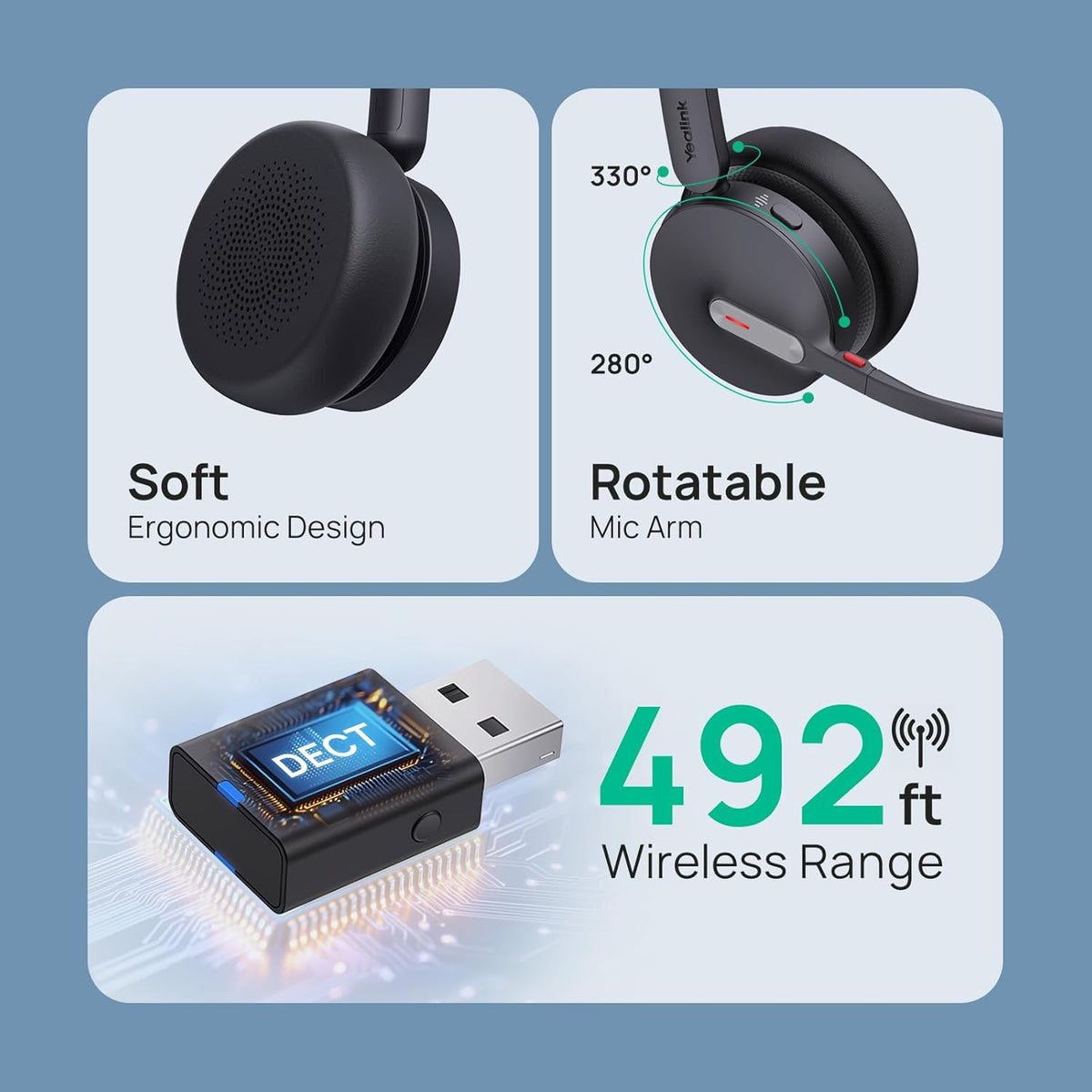 Yealink WH64 Hybrid Wireless Headset Dongle & Charging Stand, 492ft Range DECT&Bluetooth Headphones for Teams, Zoom UC,Dual Ear Noise Cancelling Portable Headsets with 3X Mic, 32H Calls,(PC/Phone)