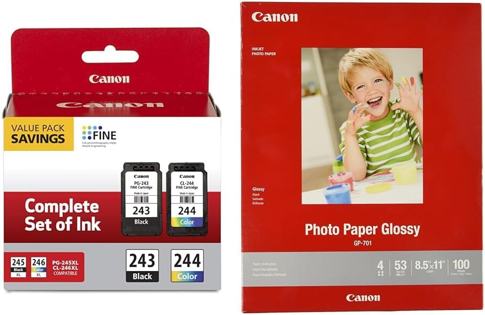 Canon PG-243/ CL-244 Ink Multi Pack, Compatible to TR4520, MX492, MG2520, MG2922, TS302 and TS202 & nk Glossy Photo Paper 8.5" x 11" 100 Sheets (1433C004)