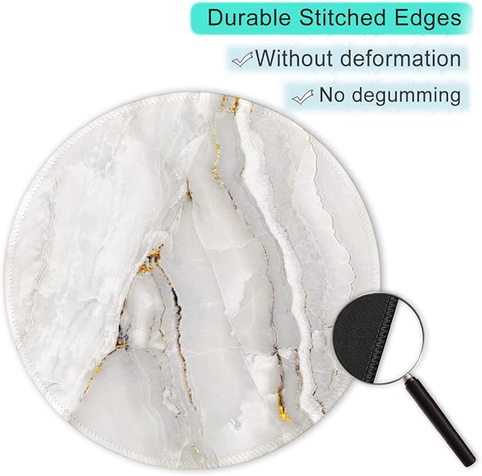 ITNRSIIET Round Mouse Pad with Stitched Edge Premium-Textured Waterproof Non-Slip Rubber Base Desktop Protection Mat Diameter 8.7 inches, White Textured Marble
