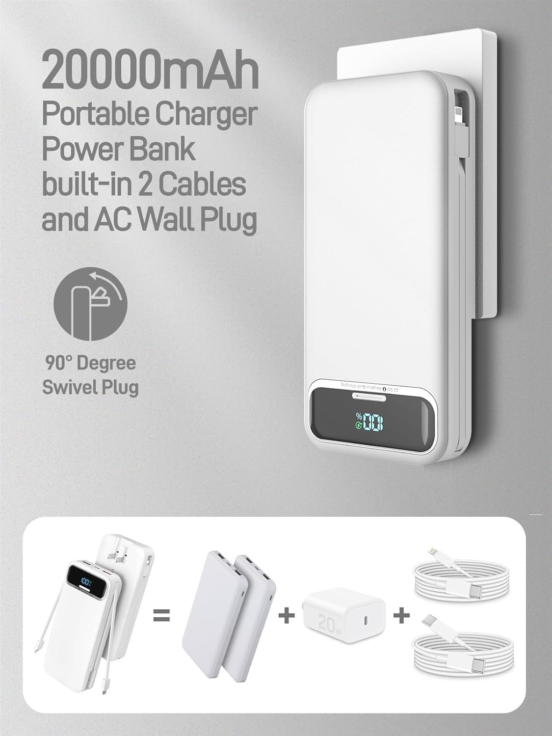 Portable Charger Power Bank with Built in Cables and AC Wall Plug,PD20W&SCP22.5W USB-C Super Fast Charging,20000mAh Travel Phone Charging,LED Display Battery Pack Compatible All iPhone Samsung etc