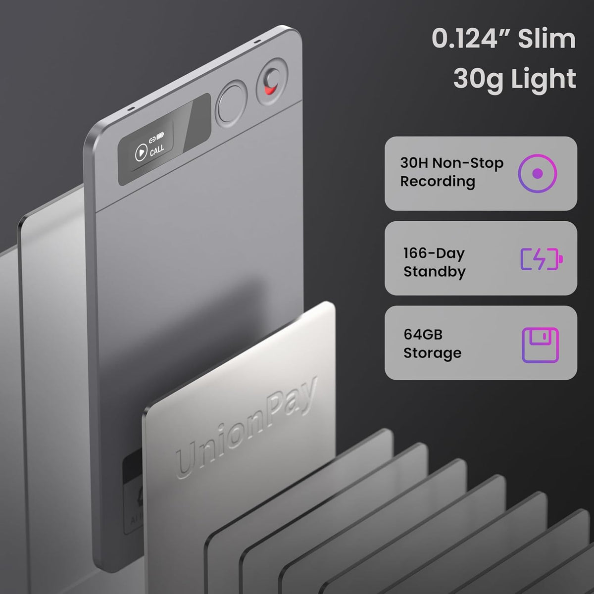 AI Voice Recorder, Note Voice Recorder - Transcribe & Summarize, AI Noise Cancellation Technology, Supports 152 Languages, 64GB Memory APP Control Audio Recorder for Lectures, Meetings, Calls, Gray