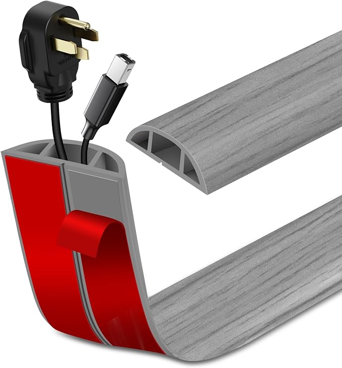 Floor Cord Cover Self Adhesive Cord Hider Floor Extension Cord Covers for Floor Power Cord Protector Cable Management Prevent Cable Trips Cable Cavity 0.51" W x 0.31" H (Light Grey Wood, 20Ft)