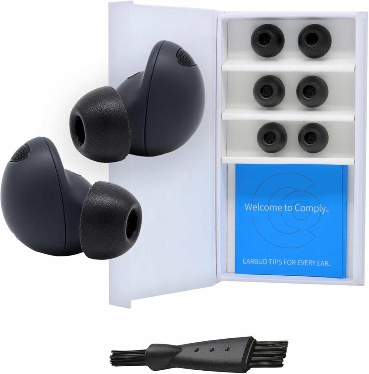 Comply TrueGrip | Premium Memory Foam Replacement Earbud Tips for Samsung Galaxy Buds2 Pro | Enhanced Comfort, Secure Fit, Superior Noise Isolation, Cleaning Tool | Black (S/M/L) (3 Pairs)