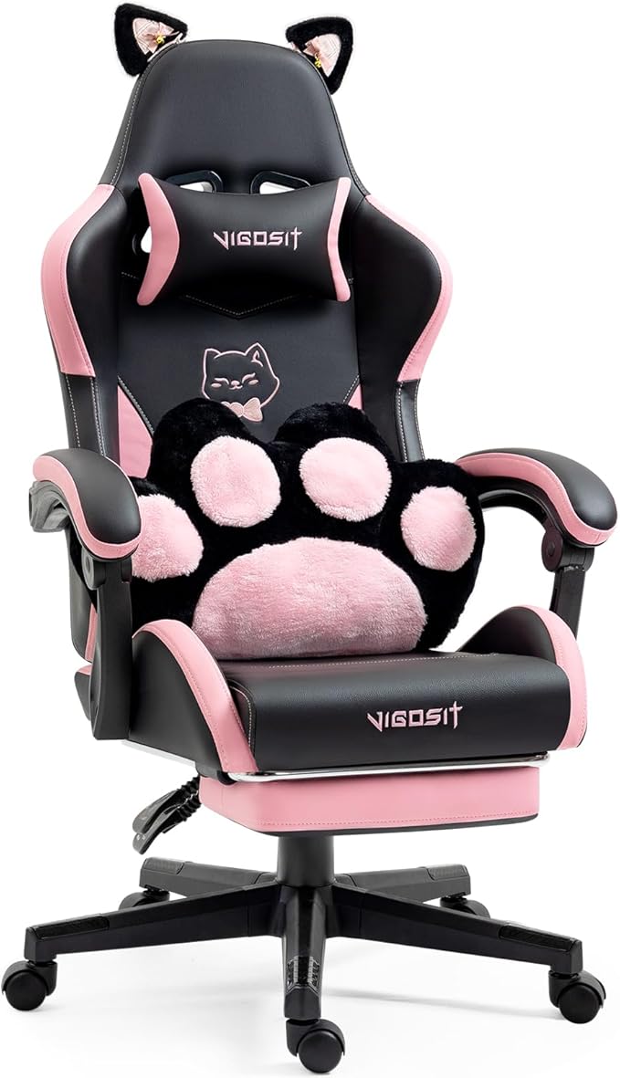 Gaming Chair with Footrest High Back Ergonomic Computer Chair Height Adjustable Game Chair with Headrest and Lumbar Support for Office or Gaming (Pink Black-Cat Ears)
