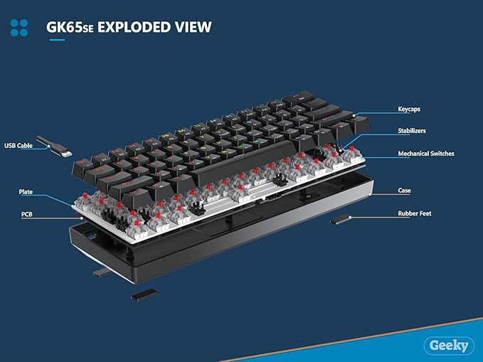 Geeky GK65 SE 65% | Mechanical Gaming Keyboard | 68 Keys Multi Color RGB LED Backlit for PC/Mac Gamer | ANSI US American Layout (White Mechanical Speed Silver)