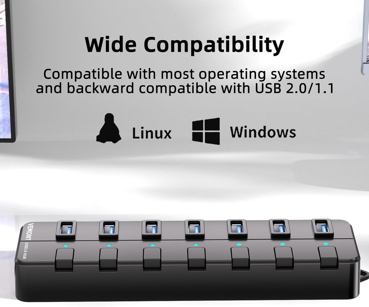 VEMONT 7-Port USB 3.0 Hub (Equipped with a 4-Foot Data Cable, Individual Switch, and Indicator Light, it Supports Data Transfer speeds of up to 5Gbps) Suitable for Desktop Computers and laptops.