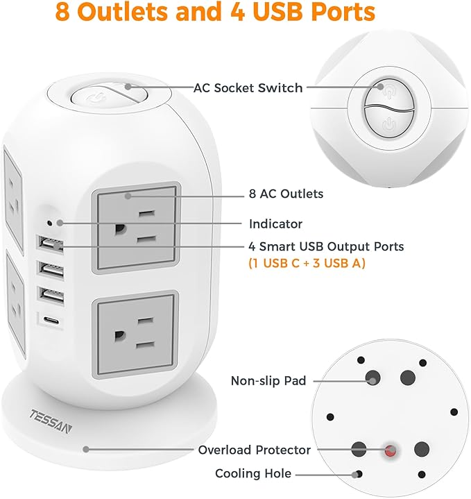 TESSAN Tower Power Strip 15 ft, Long Flat Extension Cord，Multiple Outlets