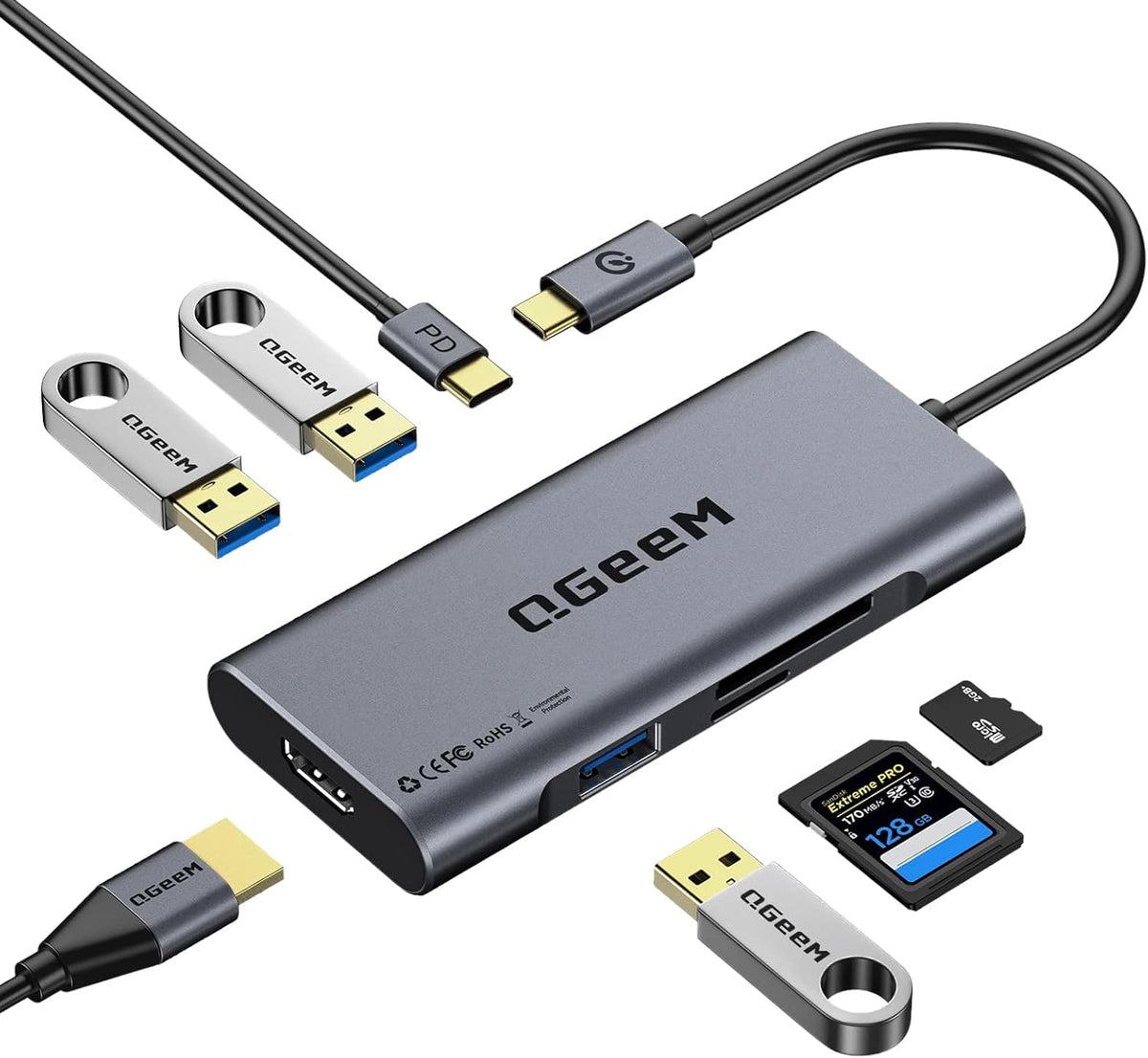 USB C Hub, QGeeM USB 4k to HDMI Adapter, 7 in 1 USB-C Dongle with 100W PD,USB 3.0, Card Reader, Compatible for MacBook iPhone 15/16 Ipad Pro max,Chromebook Laptop USB Type C Dock-Classic Grey