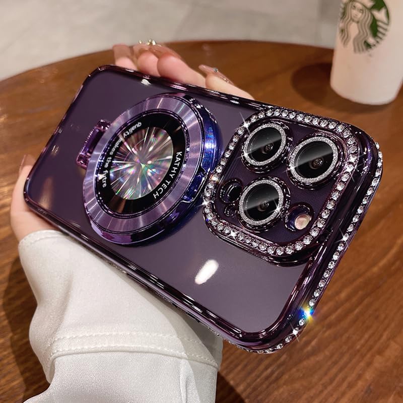 Magnetic Kickstand (Glitter Lens Protector ) Case for iPhone 15 14 13 12 Pro Max (Compatible with Magsafe ) Sparkling Diamond Cover Glitter Shiny Rhinestone Cases (Purple,for iPhone 14 Pro Max)