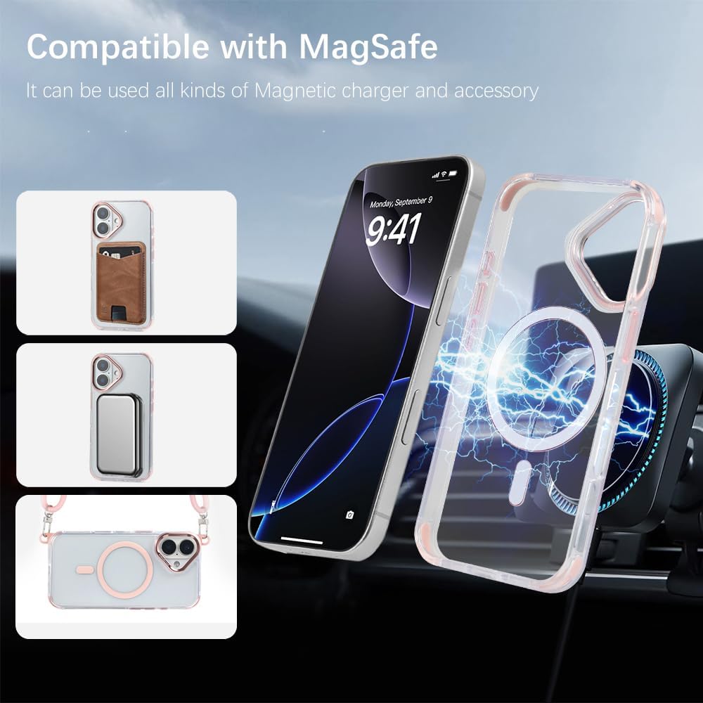 for iPhone 16 Case with 62.99 inch Lanyard, Classic Clear&Pink Magnetic Phone Case, Drop&Shockproof Protection Cases, Phone Lanyard for Around The Neck, Compatible with Magnet Accessory