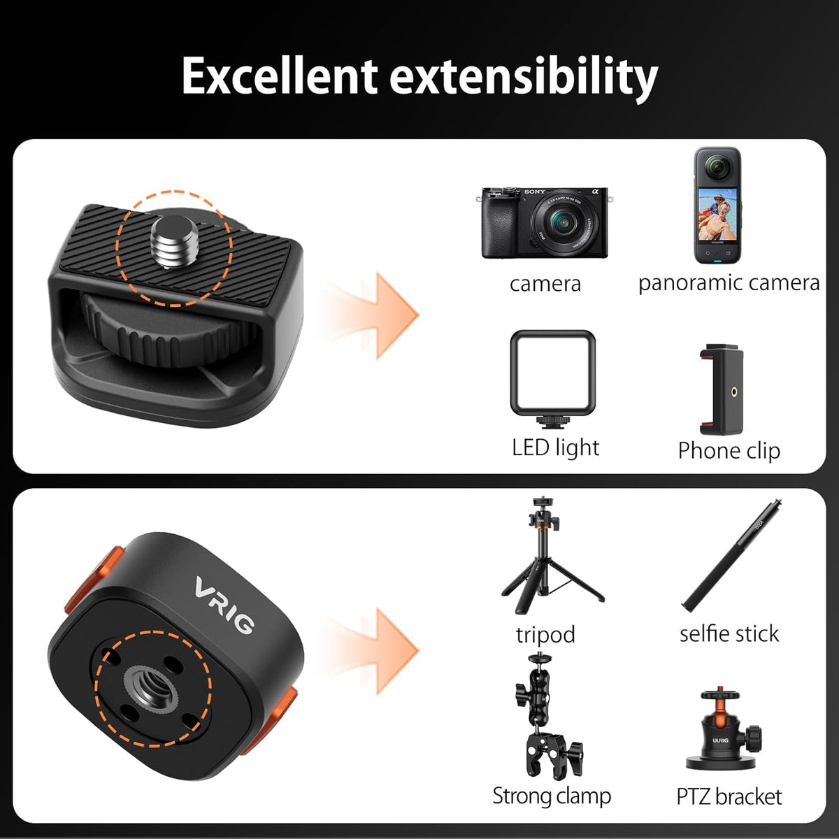 VRIG Magnetic Quick Release Mount Adapter with 1/4" Screw Thread for DJI Osmo Action Pocket3,Insta360 X5/X4/X3,1/4" Screw Hole for Tripod, Monopod
