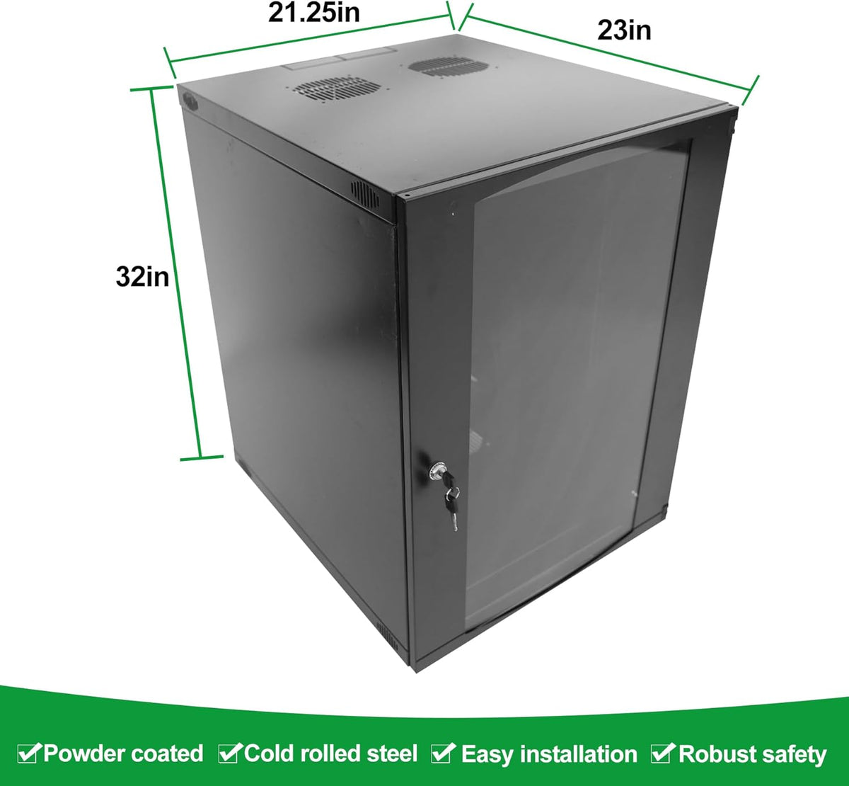15U Server Cabinet Wall Mount Rack Enclosure with Caster Wheels 2 Server Fans Locking Glass Door Removable Side Panels 19" Network Cabinet 15-18.5" Installation Depth Heavy-Duty Frame (32INCH, 15U)